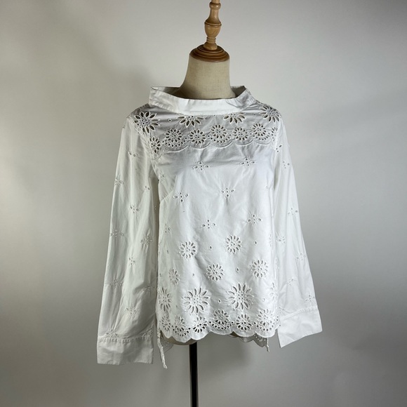 J. CREW Eyelet Boatneck White Cotton Long Sleeve Top Womens 2 - Picture 1 of 10